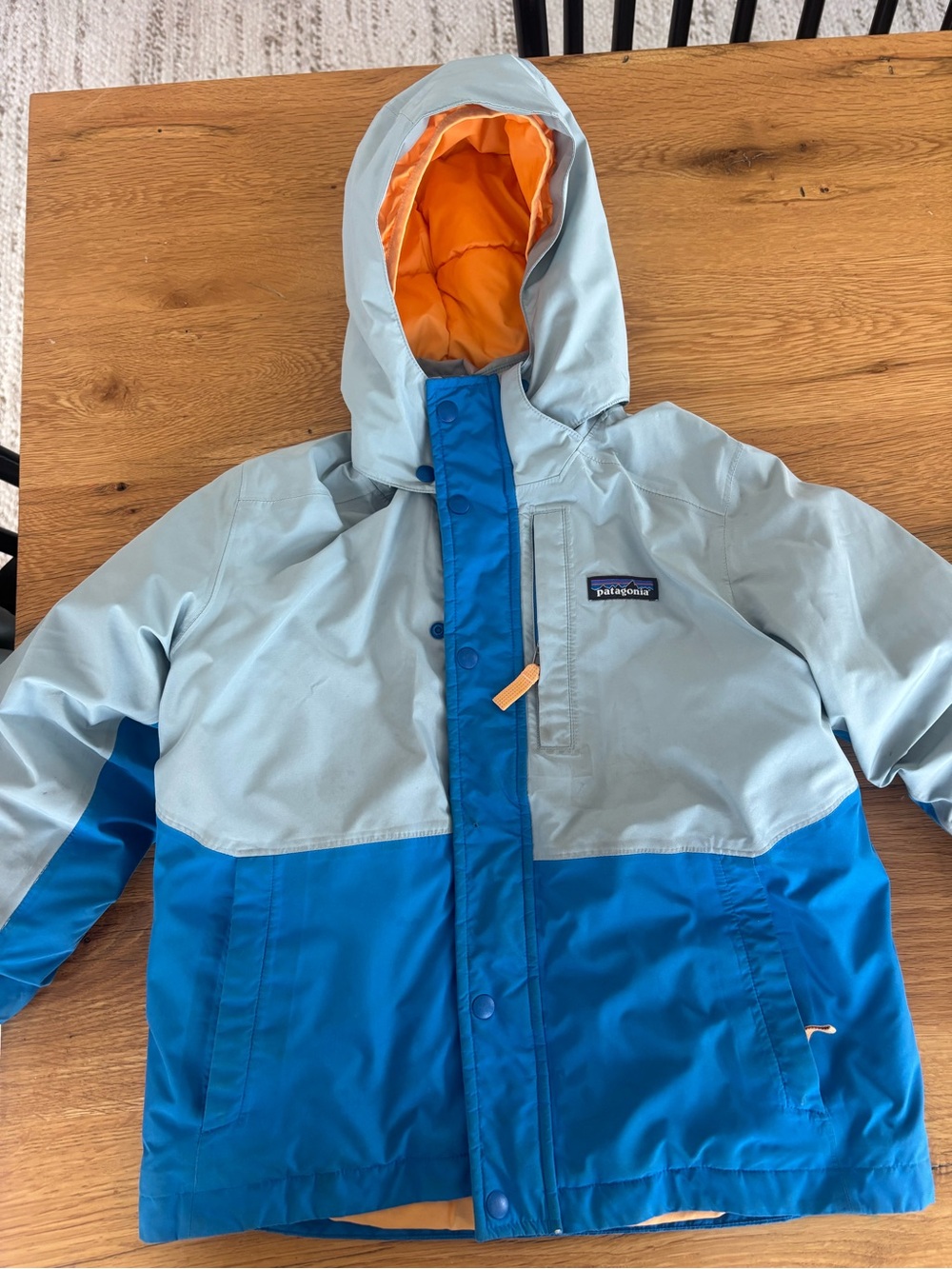 Patagonia Kids Light Blue and Bright Blue Hooded Puffer with Orange Lining